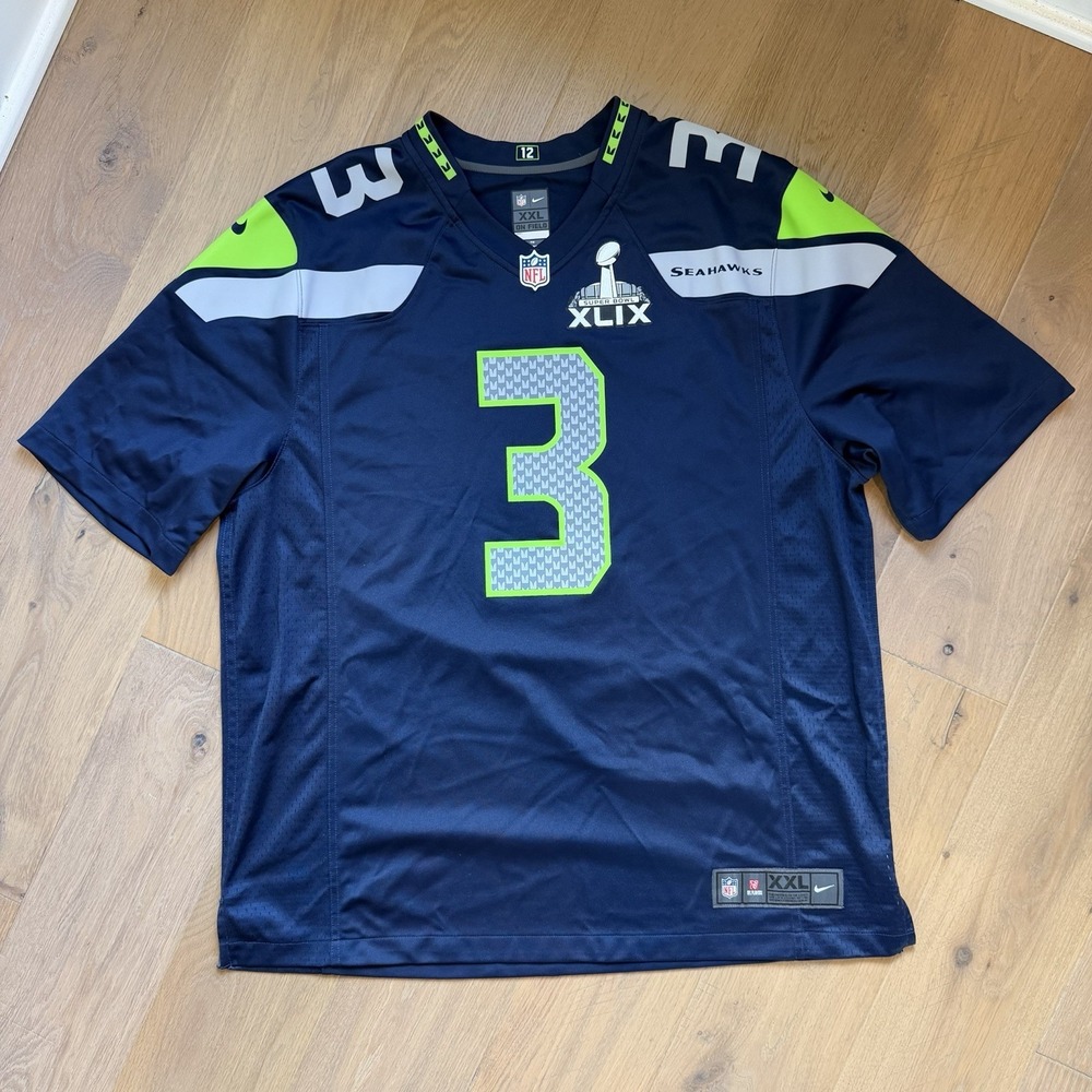 Russell Wilson 3 Seattle Seahawks Jersey Mens XXL Blue NFL Nike Super Bowl XLIX